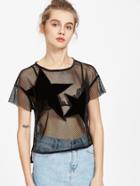 Shein Velvet Star Patch Fishnet Top