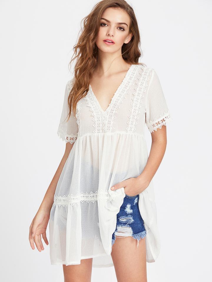 Shein Lace Trim Semi Sheer Tiered Babydoll Dress