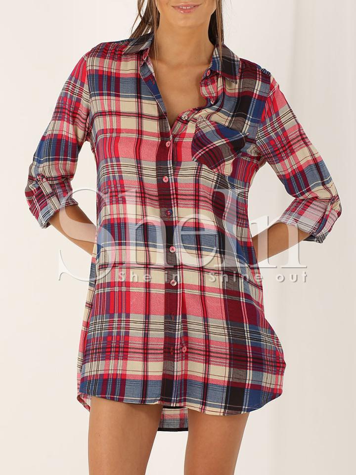 Shein Rose Red Long Sleeve Lapel Grid Blouses Plaid Dress