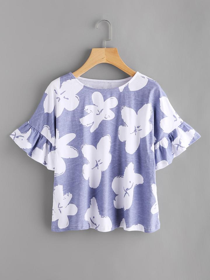 Shein Random Flower Print Frill Cuff Tee