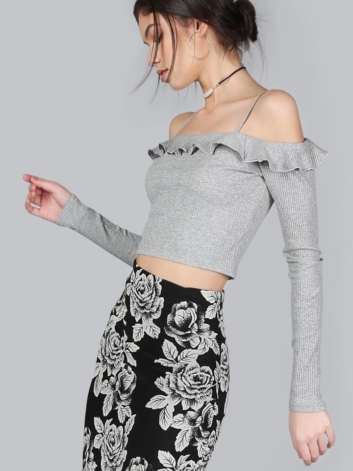 Shein Cold Shoulder Frill Ribbed Crop Top Heather Grey