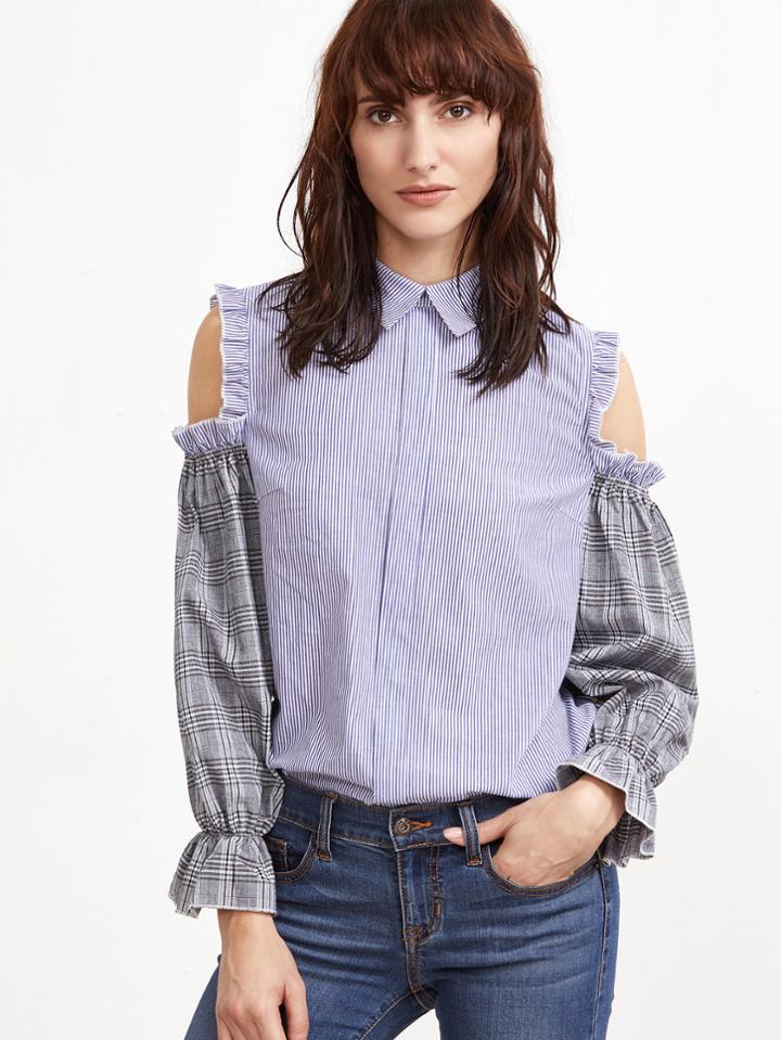 Shein Blue Striped Ruffle Open Shoulder Contrast Plaid Sleeve Blouse