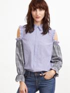 Shein Blue Striped Ruffle Open Shoulder Contrast Plaid Sleeve Blouse