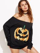 Shein Black Halloween Pumpkin Print Off The Shoulder Sweatshirt