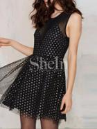 Shein Black Sleeveless Polka Dot Organza Dress