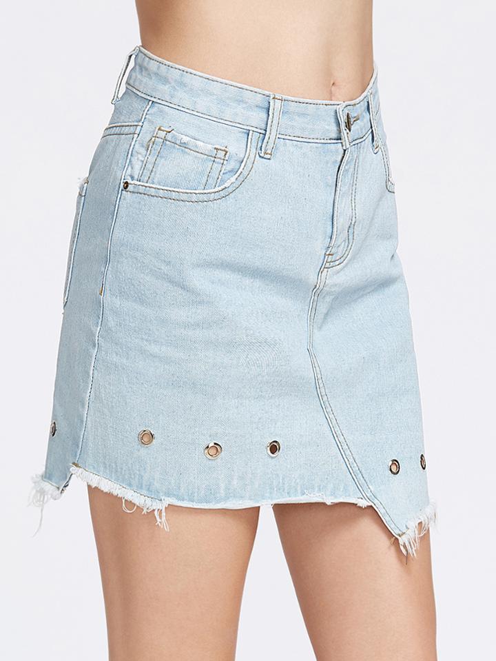 Shein Bleach Wash Eyelet Detail Asymmetric Denim Skirt