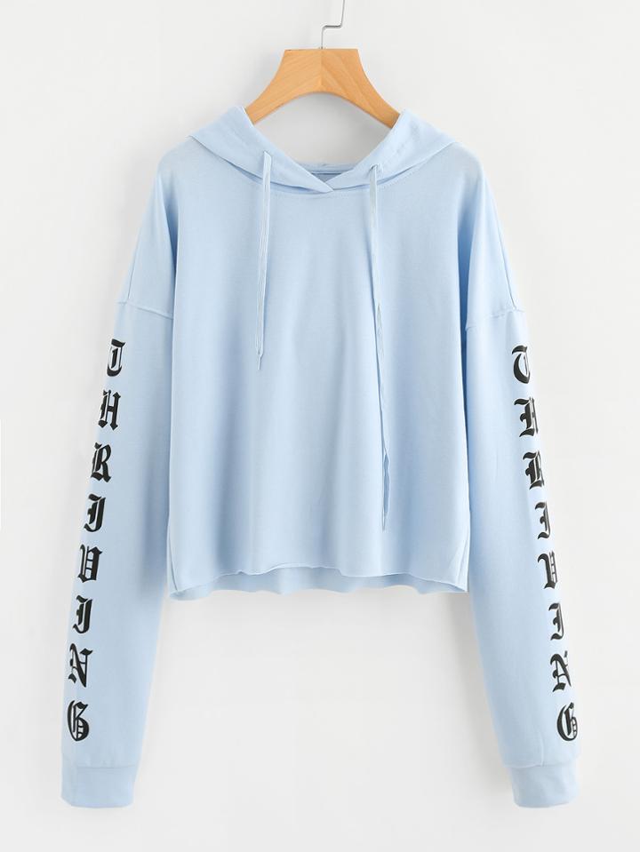 Shein Drop Shoulder Print Sleeve Raw Hem Hoodie