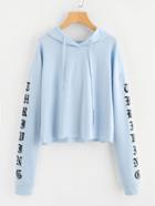 Shein Drop Shoulder Print Sleeve Raw Hem Hoodie