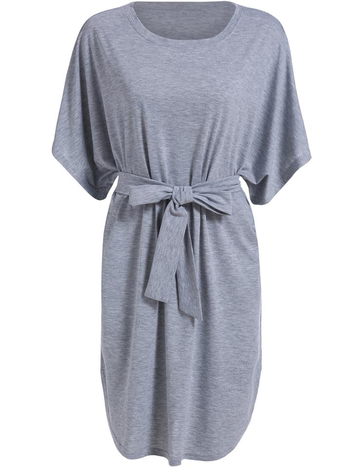 Shein Grey Round Neck Tie-waist Loose Dress