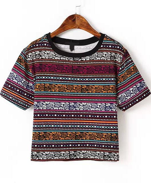 Shein Multicolor Short Sleeve Leaves Print T-shirt
