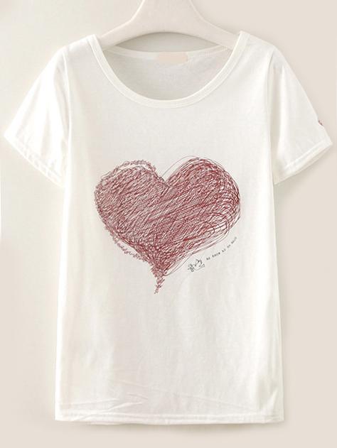 Shein White Heart Drawing Print T-shirt