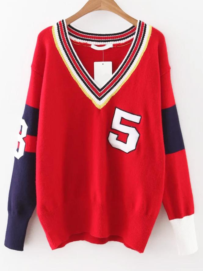 Shein Red Color Block V Neck Varsity Sweater