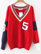 Shein Red Color Block V Neck Varsity Sweater