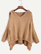 Shein Khaki Ripped High Low Hooded Sweater