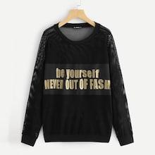 Shein Plus Letter Print Eyelet Mesh Pullover