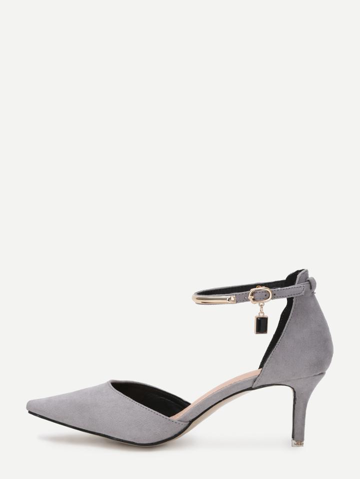 Shein Grey Faux Suede Gold Plate Strap Kitten Heels