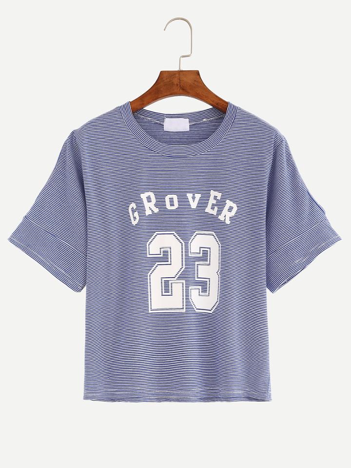 Shein Cutout Shoulder Varsity Print Blue Striped T-shirt
