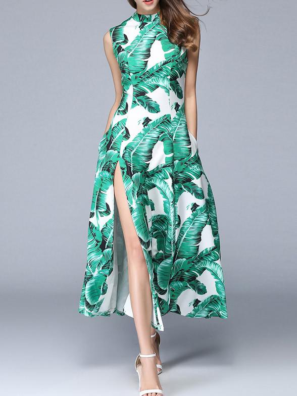 Shein Leaves Print Pockets Split Dress