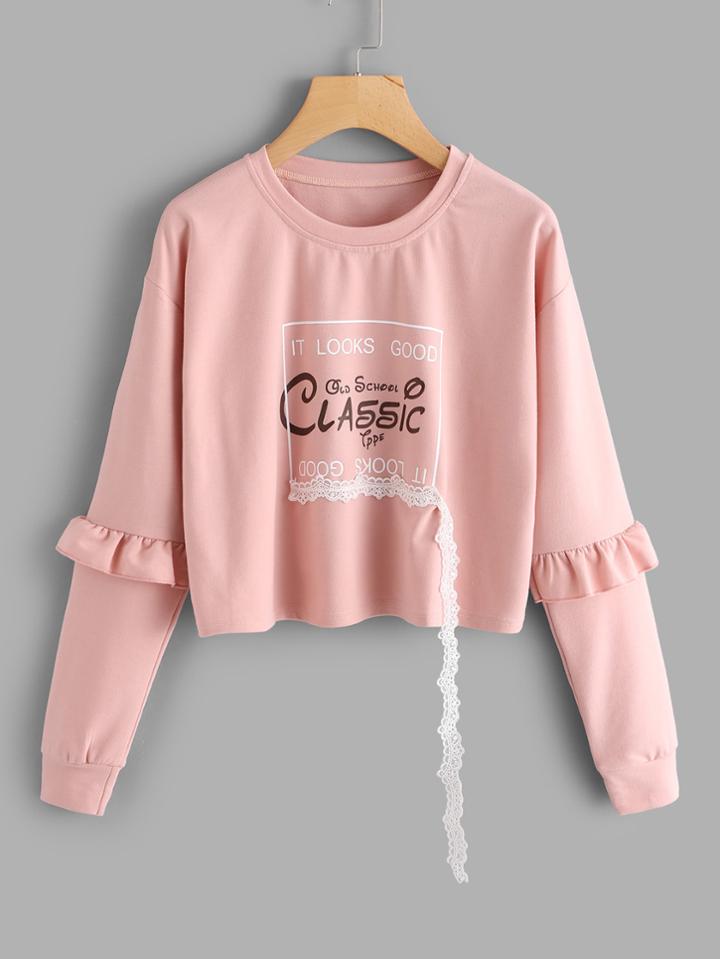 Shein Frilled Detail Sleeve Print Pullover