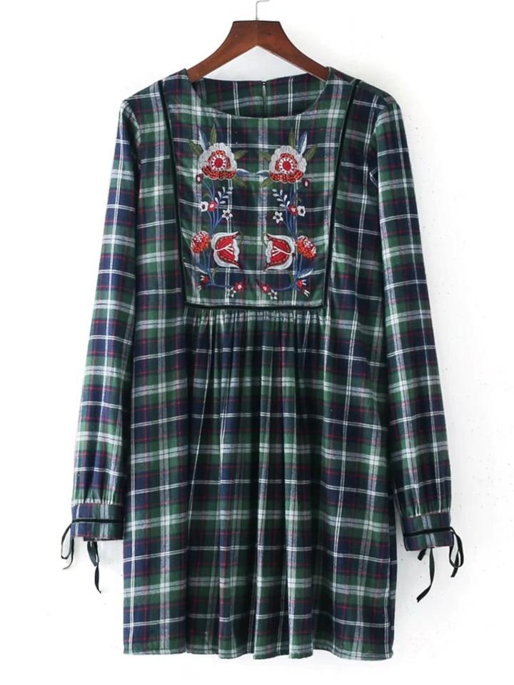 Shein Embroidery Flower Tie Cuff Plaid Dress