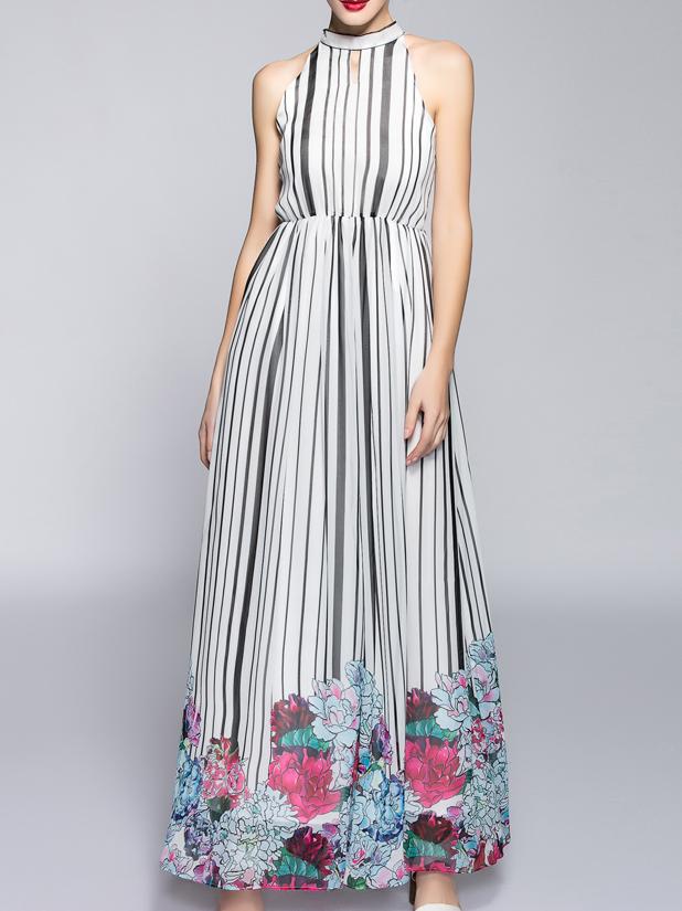 Shein White Halter Striped Print Split Maxi Dress