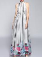 Shein White Halter Striped Print Split Maxi Dress