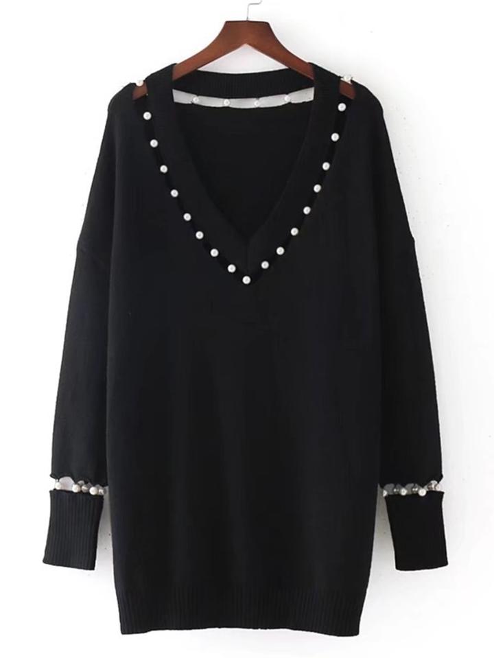 Shein Faux Pearl Detail V Neckline Longline Sweater