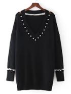 Shein Faux Pearl Detail V Neckline Longline Sweater