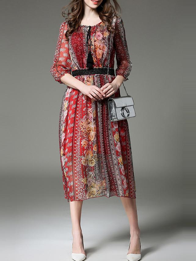 Shein Multicolor Tie Neck Tribal Print Dress