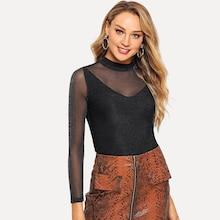 Shein Mock-neck Glitter Mesh Insert Tee