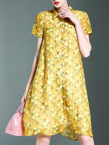 Shein Yellow Lapel Birds Print Shift Dress