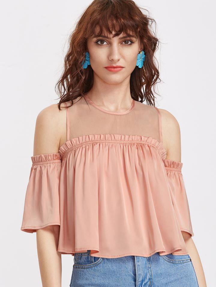 Shein Pink Mesh Shoulder Frilled Cold Shoulder Top