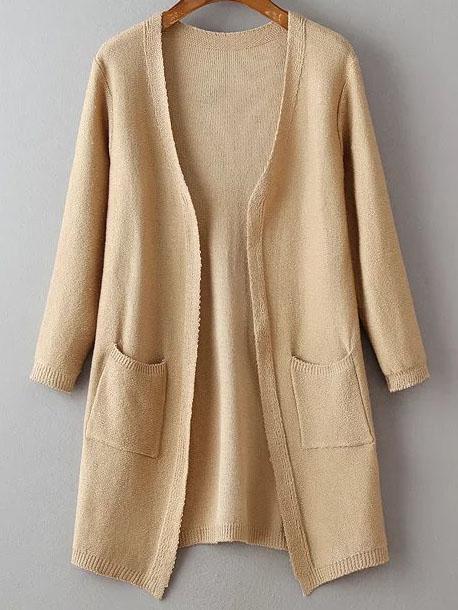 Shein Khaki Portrait Print Pocket Longline Cardigan