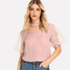 Shein Cut V Neck Contrast Mesh Pearl Beaded Top