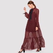 Shein Contrast Tie Neck Knot Cuff Ruffle Trim Dress