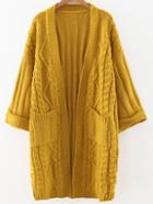 Shein Yellow Cable Knit Open Front Long Sweater Coat