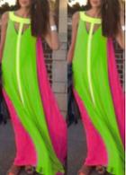 Rosewe Chiffon Cutout Neck Color Block Maxi Dress