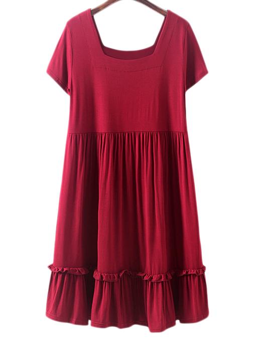 Shein Burgundy Square Collar Ruffle Hem Pleated Casual Dress