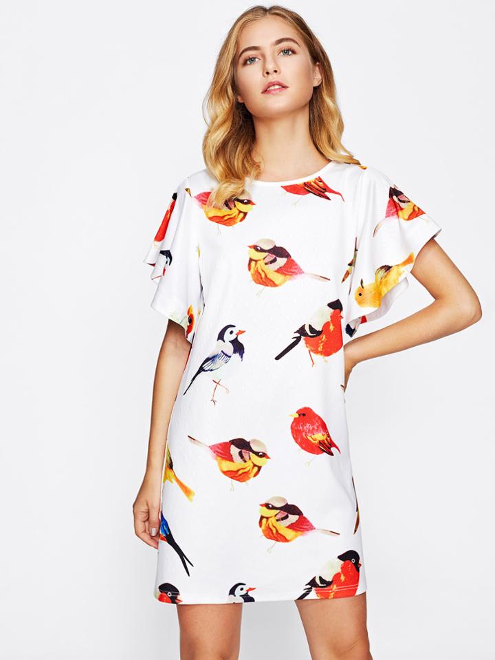 Shein Allover Birds Print Flutter Sleeve Dress
