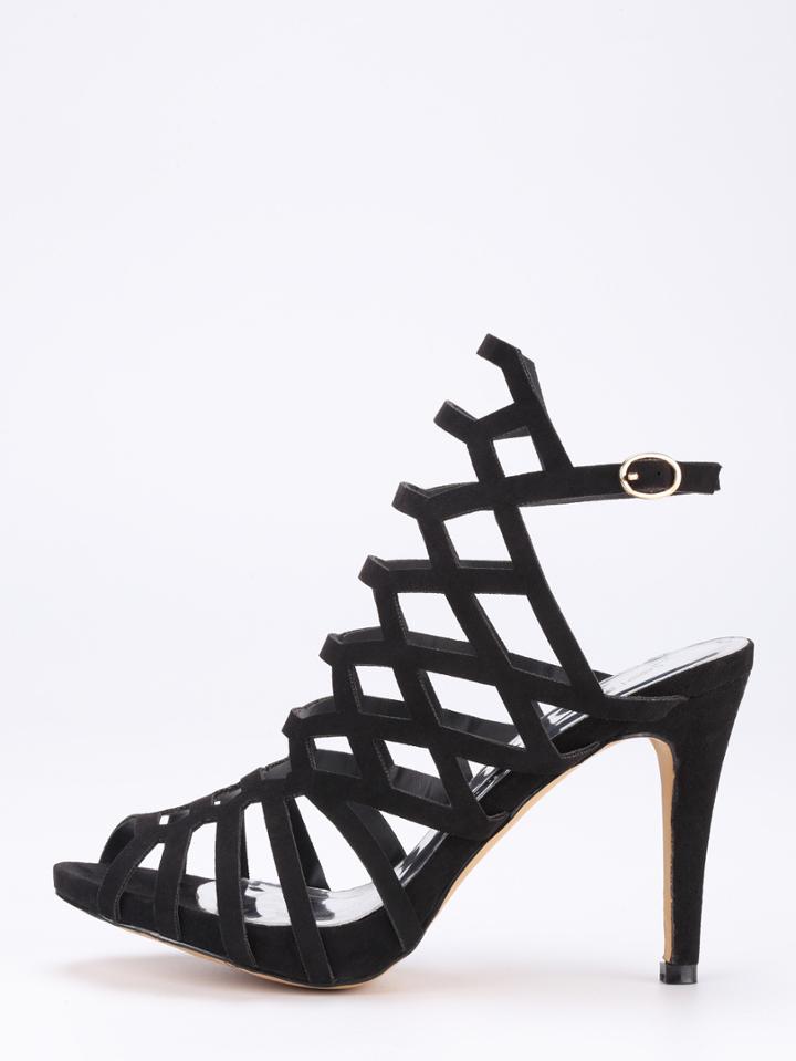 Shein Black Faux Suede Caged Peep Toe Slingback Sandals - Black