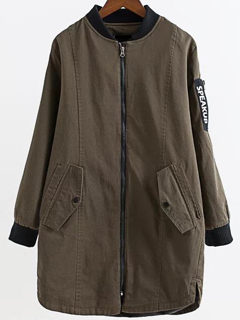 Shein Army Green Letter Print Zipper Longline Jacket