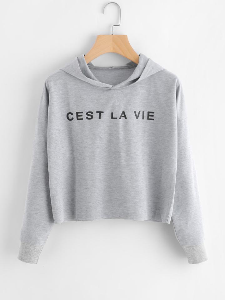 Shein Slogan Print Raw Hem Crop Marled Hoodie