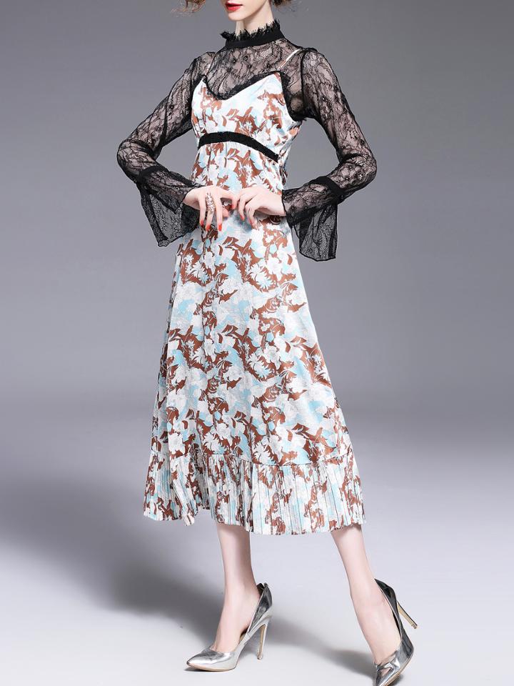 Shein Spaghetti Strap Pleated Print Lace Shirt Two-pieces Dress