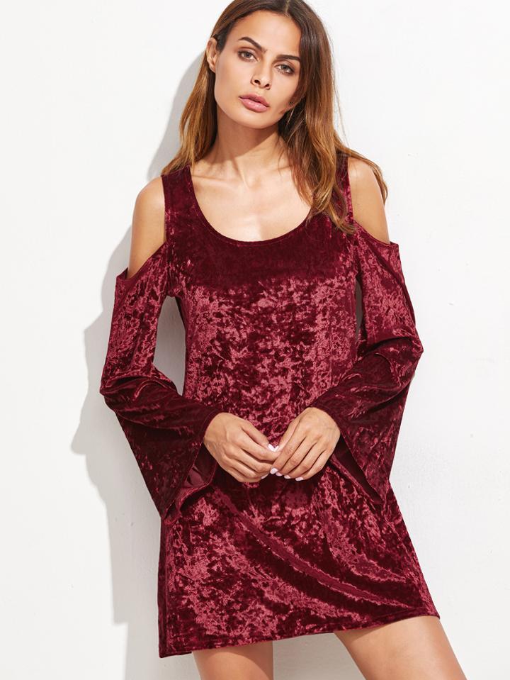 Shein Burgundy Cold Shoulder Bell Sleeve Velvet Dress