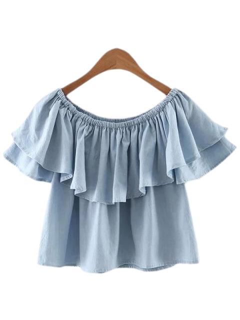 Shein Light Blue Boat Neck Double Layers Ruffle Blouse