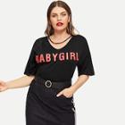 Shein Plus V Cut Neck Letter Print Tee