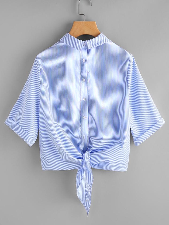Shein Lovely Patch Detail Buttoned Back Pinstripe Shirt