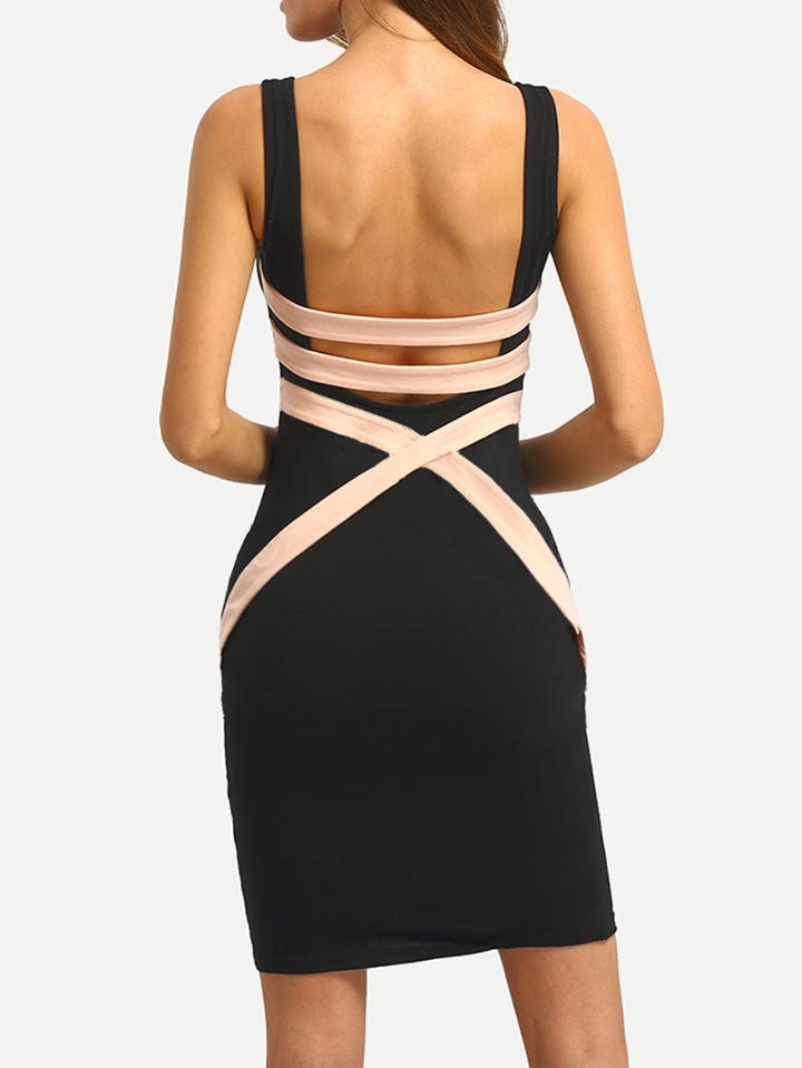 Shein Black Sleeveless Patchwork Hollow Back Bodycon Dress