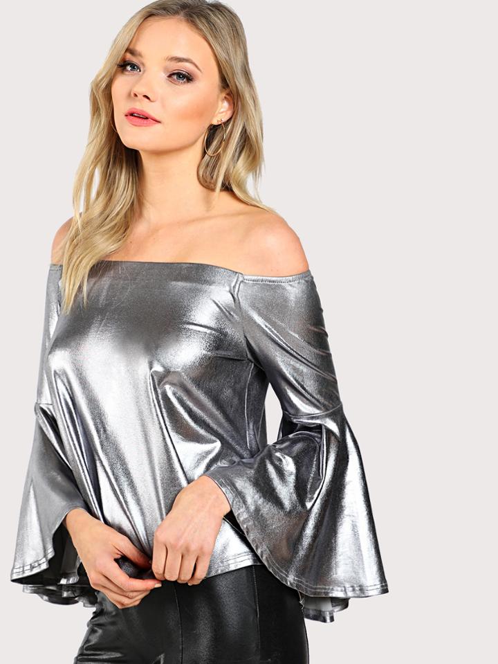 Shein Trumpet Sleeve Metallic Bardot Top