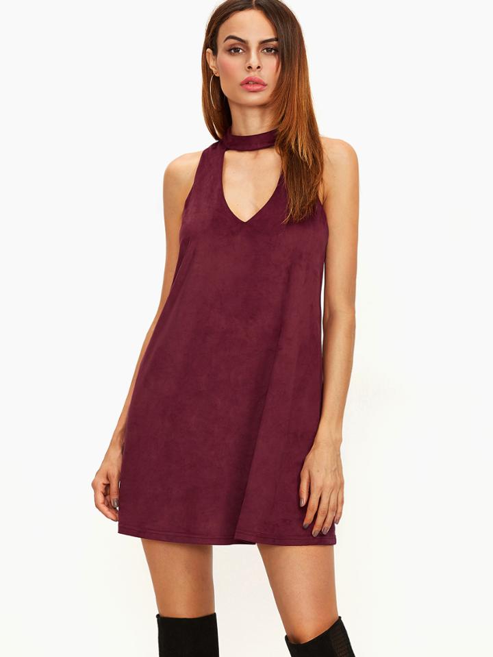 Shein Burgundy Suede Keyhole Halter Neck Swing Dress